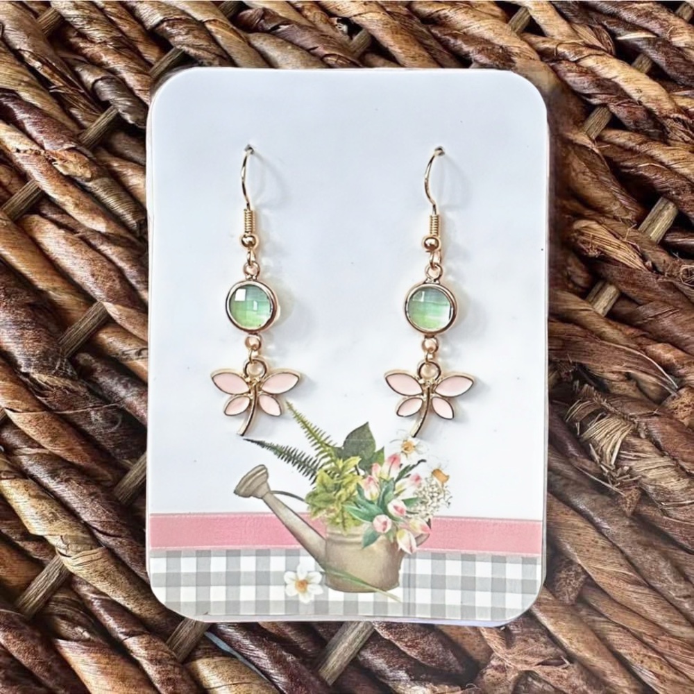 New Handmade Gold-Tone Green and Pink Dragonfly Dangle Earrings